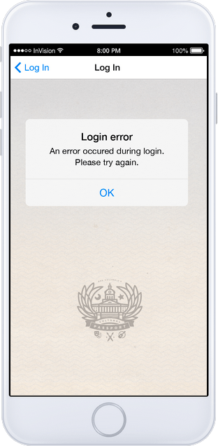log in error screen